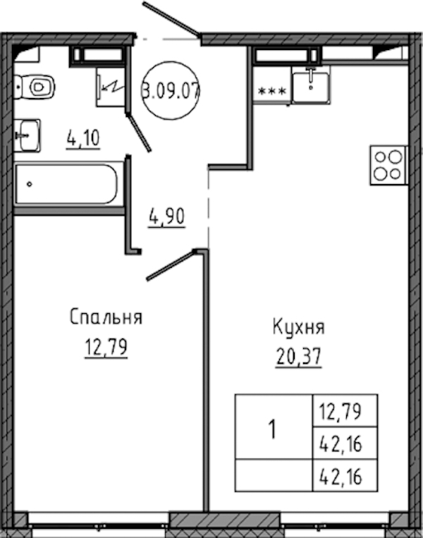 1-комнатная квартира 42.16 м², 11/18 эт., ЖК «Максималист»