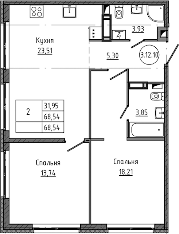 2-комнатная квартира 68.54 м², 12/18 эт., ЖК «Максималист»