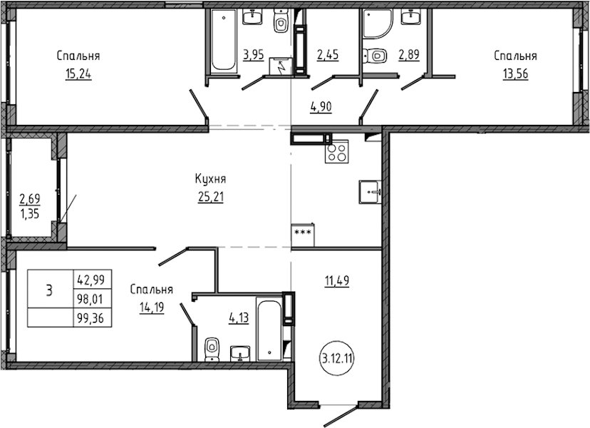 3-комнатная квартира 99.36 м², 12/18 эт., ЖК «Максималист»