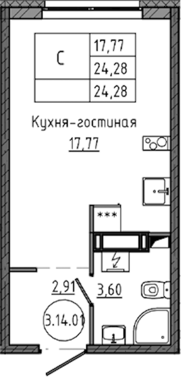 Квартира студия 24.28 м², 14/18 эт., ЖК «Максималист»