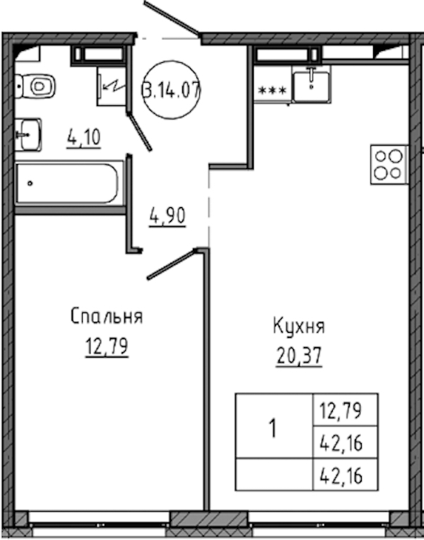 1-комнатная квартира 42.16 м², 14/18 эт., ЖК «Максималист»