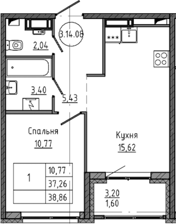 1-комнатная квартира 38.86 м², 14/18 эт., ЖК «Максималист»
