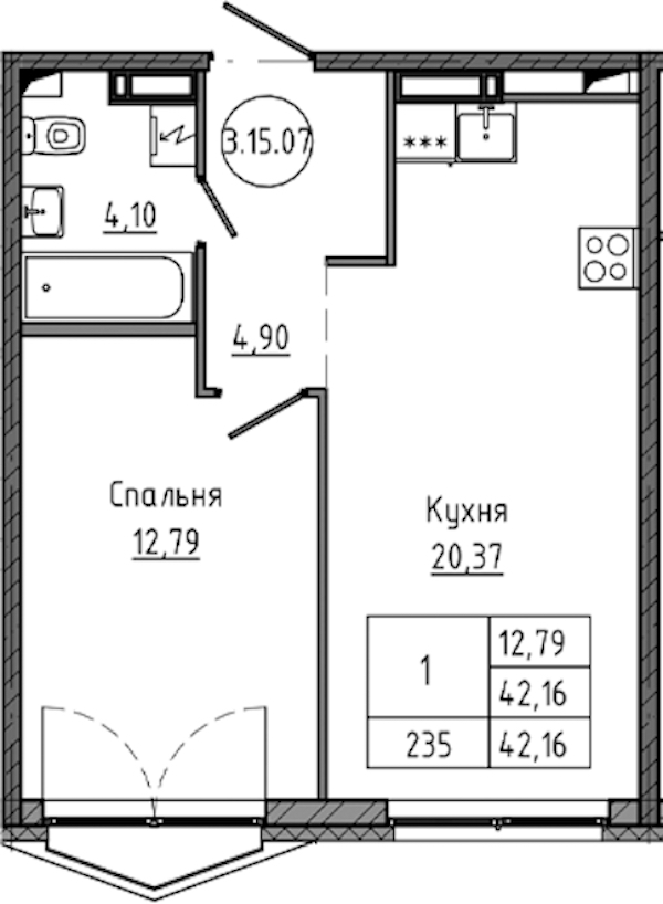1-комнатная квартира 42.16 м², 15/18 эт., ЖК «Максималист»