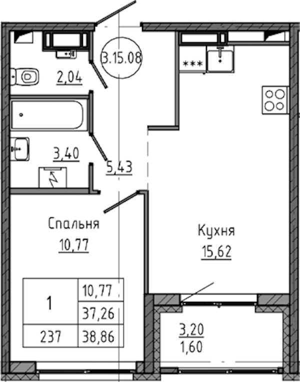 1-комнатная квартира 38.86 м², 15/18 эт., ЖК «Максималист»