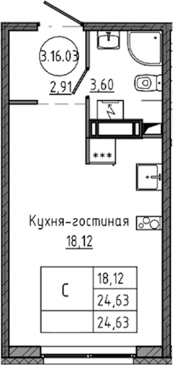 Квартира студия 24.63 м², 16/18 эт., ЖК «Максималист»