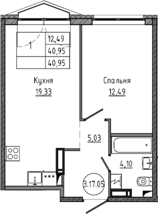 1-комнатная квартира 40.95 м², 17/18 эт., ЖК «Максималист»