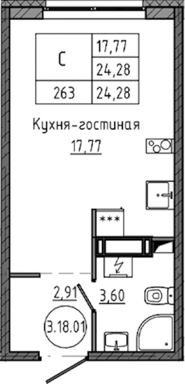 Квартира студия 24.28 м², 18/18 эт., ЖК «Максималист»