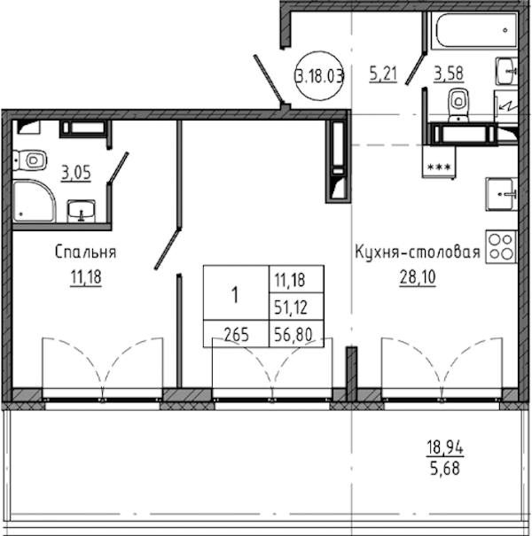 1-комнатная квартира 56.8 м², 18/18 эт., ЖК «Максималист»