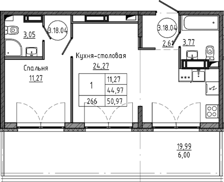 1-комнатная квартира 50.97 м², 18/18 эт., ЖК «Максималист»