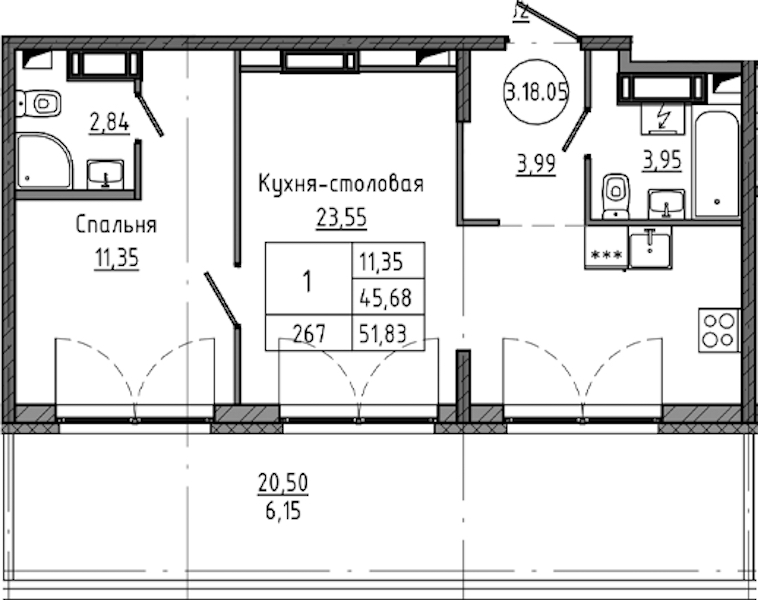 1-комнатная квартира 51.83 м², 18/18 эт., ЖК «Максималист»