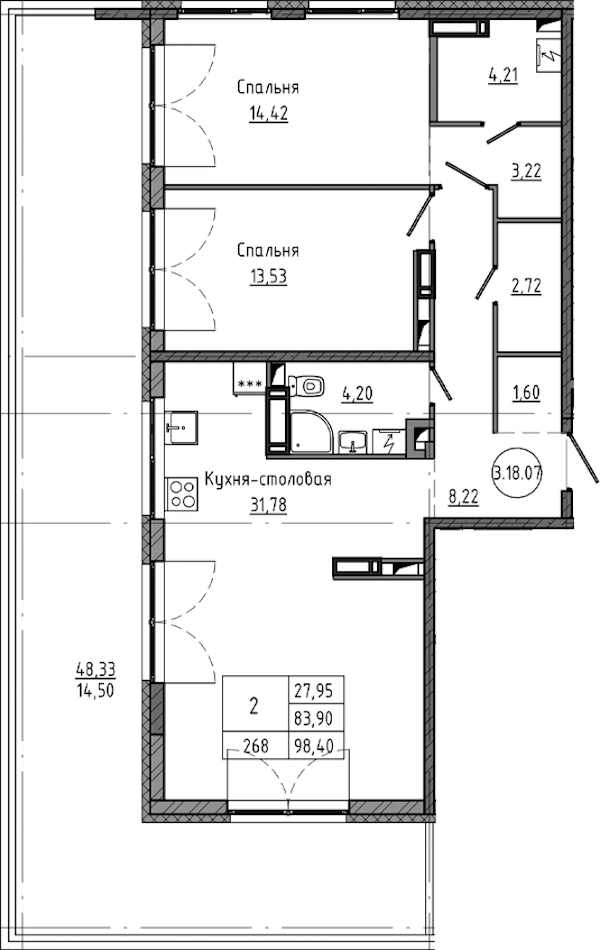 2-комнатная квартира 98.4 м², 18/18 эт., ЖК «Максималист»