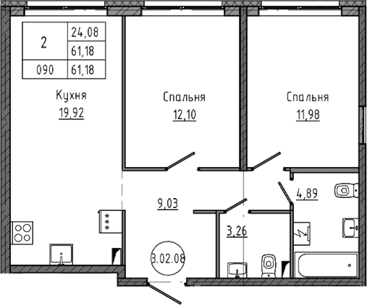 2-комнатная квартира 61.18 м², 2/18 эт., ЖК «Максималист»