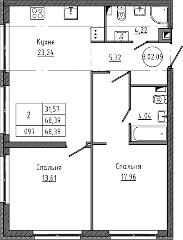 2-комнатная квартира 68.39 м², 2/18 эт., ЖК «Максималист»
