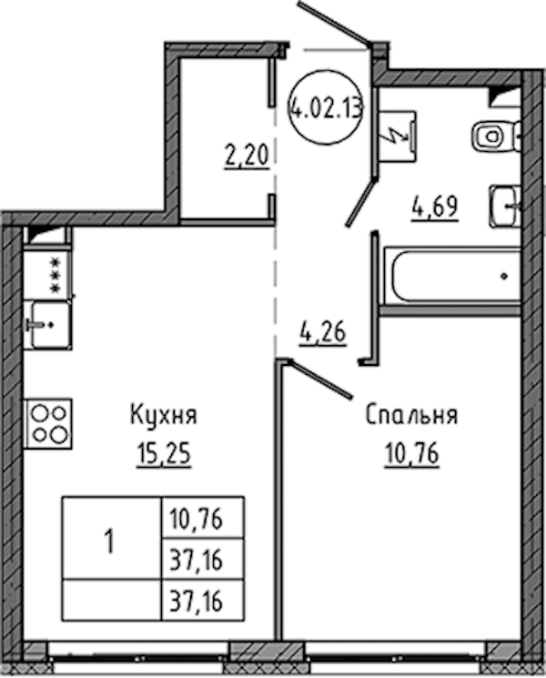 1-комнатная квартира 37.16 м², 2/18 эт., ЖК «Максималист»
