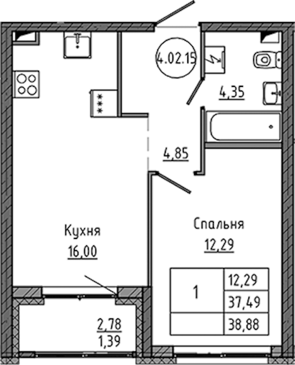 1-комнатная квартира 38.88 м², 2/18 эт., ЖК «Максималист»