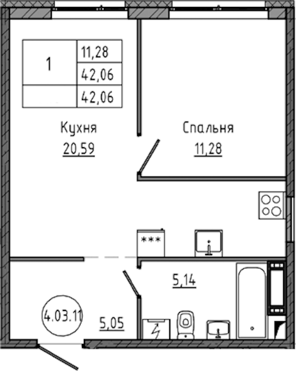 1-комнатная квартира 42.06 м², 4/18 эт., ЖК «Максималист»