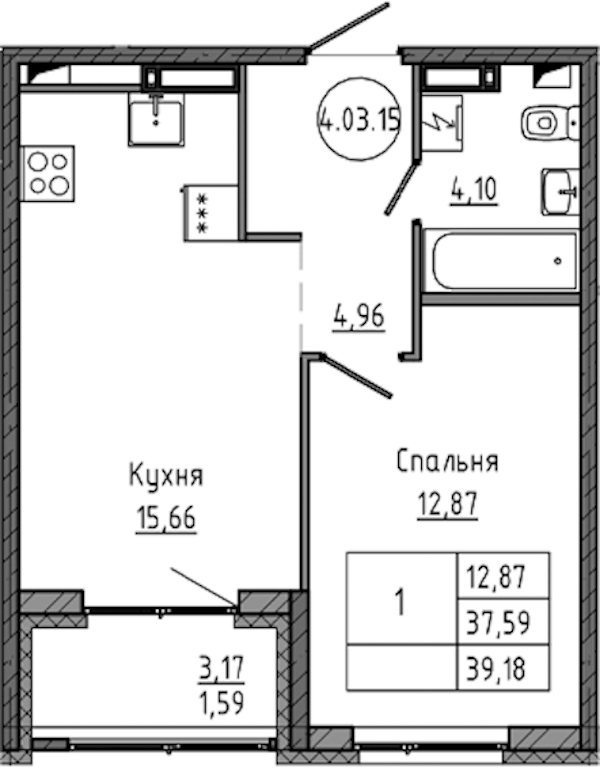 1-комнатная квартира 39.18 м², 4/18 эт., ЖК «Максималист»