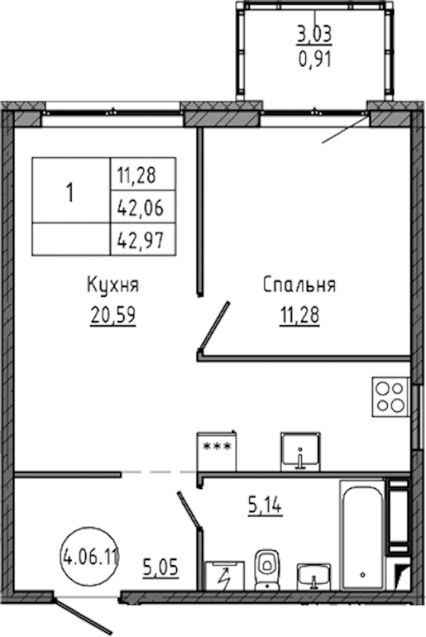 1-комнатная квартира 42.97 м², 8/18 эт., ЖК «Максималист»