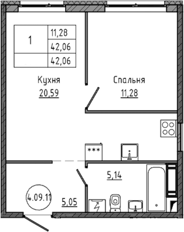 1-комнатная квартира 42.06 м², 10/18 эт., ЖК «Максималист»