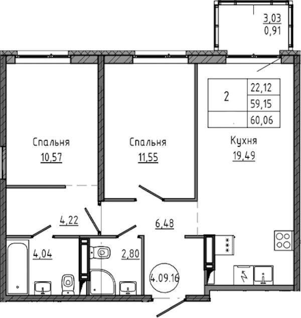 2-комнатная квартира 60.06 м², 10/18 эт., ЖК «Максималист»