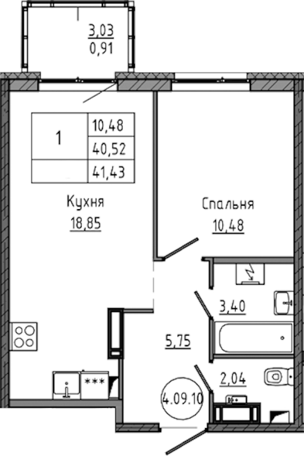 1-комнатная квартира 41.43 м², 11/18 эт., ЖК «Максималист»