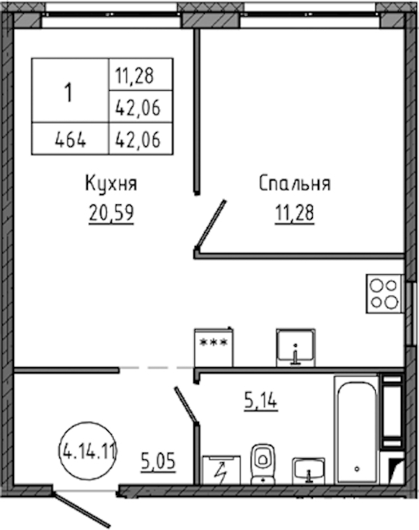 1-комнатная квартира 42.06 м², 14/18 эт., ЖК «Максималист»