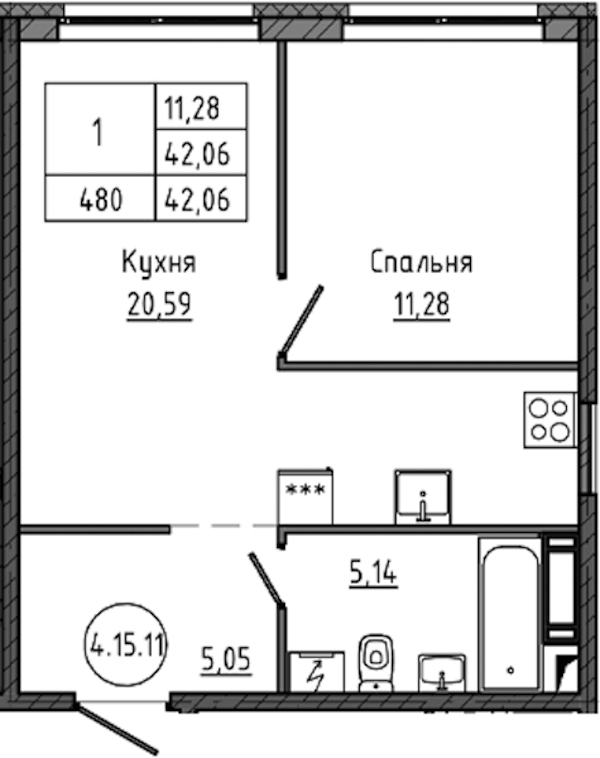 1-комнатная квартира 42.06 м², 15/18 эт., ЖК «Максималист»