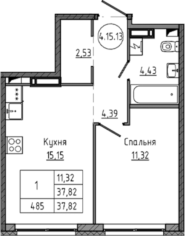 1-комнатная квартира 37.82 м², 15/18 эт., ЖК «Максималист»
