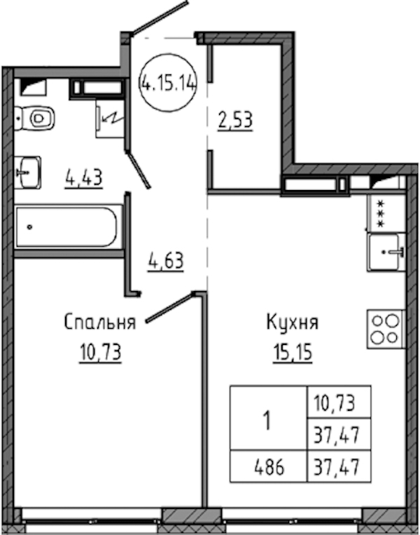 1-комнатная квартира 37.47 м², 15/18 эт., ЖК «Максималист»