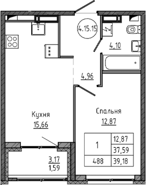 1-комнатная квартира 39.18 м², 15/18 эт., ЖК «Максималист»