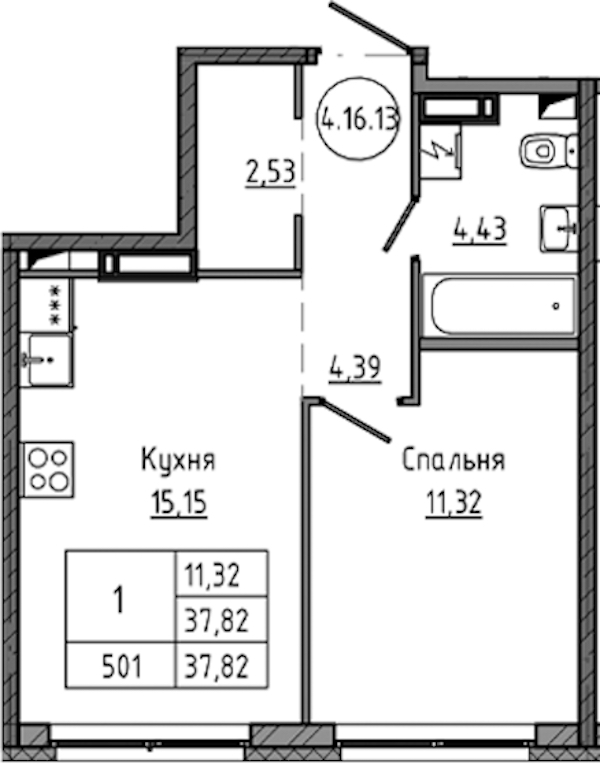 1-комнатная квартира 37.82 м², 16/18 эт., ЖК «Максималист»