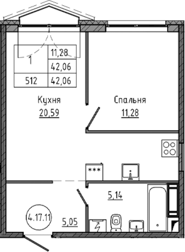 1-комнатная квартира 42.06 м², 17/18 эт., ЖК «Максималист»