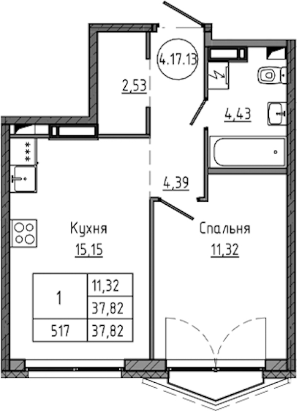 1-комнатная квартира 37.82 м², 17/18 эт., ЖК «Максималист»