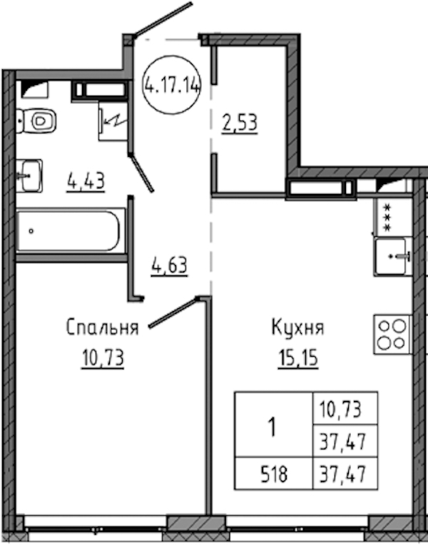 1-комнатная квартира 37.47 м², 17/18 эт., ЖК «Максималист»