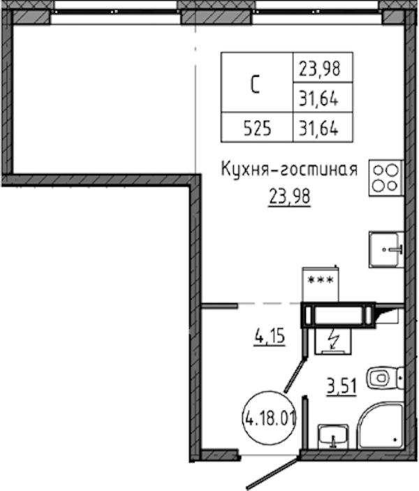Квартира студия 31.64 м², 18/18 эт., ЖК «Максималист»