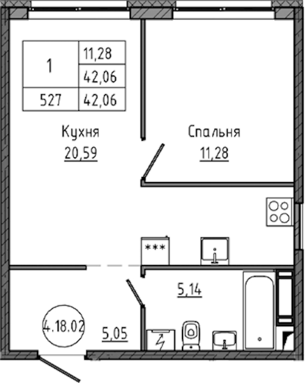 1-комнатная квартира 42.06 м², 18/18 эт., ЖК «Максималист»