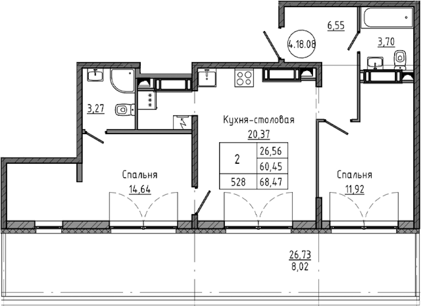 2-комнатная квартира 68.47 м², 18/18 эт., ЖК «Максималист»
