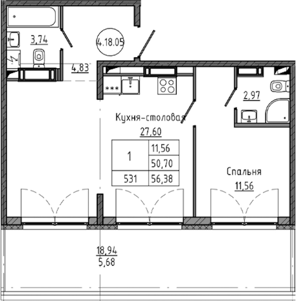 1-комнатная квартира 56.38 м², 18/18 эт., ЖК «Максималист»