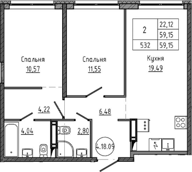 2-комнатная квартира 59.15 м², 18/18 эт., ЖК «Максималист»