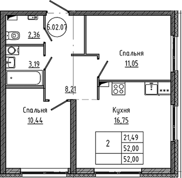 2-комнатная квартира 52 м², 2/18 эт., ЖК «Максималист»