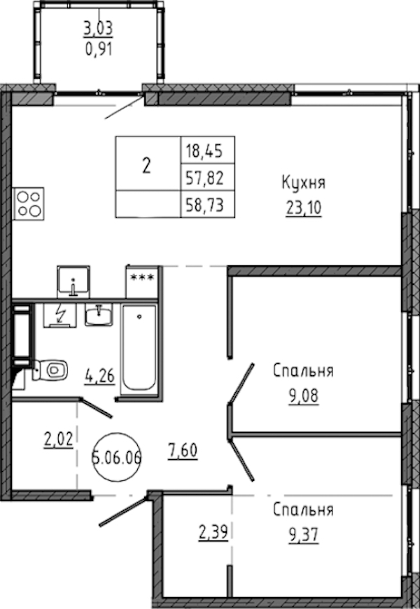 2-комнатная квартира 58.73 м², 8/18 эт., ЖК «Максималист»