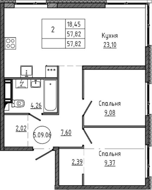 2-комнатная квартира 57.82 м², 9/18 эт., ЖК «Максималист»