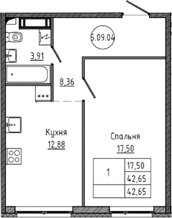 1-комнатная квартира 42.65 м², 11/18 эт., ЖК «Максималист»