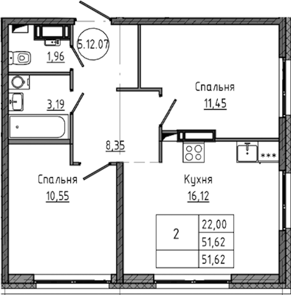 2-комнатная квартира 51.62 м², 13/18 эт., ЖК «Максималист»