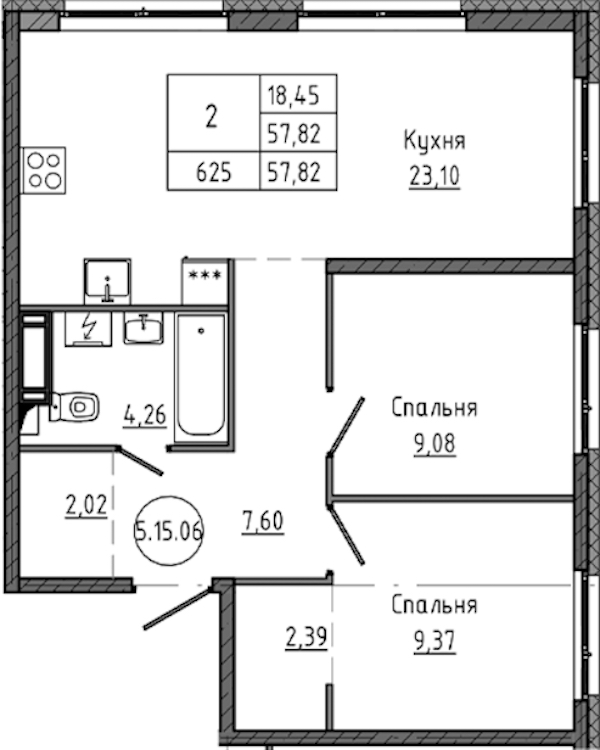 2-комнатная квартира 57.82 м², 15/18 эт., ЖК «Максималист»