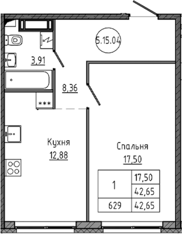 1-комнатная квартира 42.65 м², 15/18 эт., ЖК «Максималист»