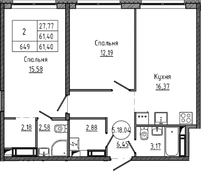 2-комнатная квартира 61.4 м², 18/18 эт., ЖК «Максималист»