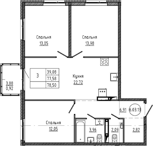 3-комнатная квартира 78.5 м², 6/18 эт., ЖК «Максималист»