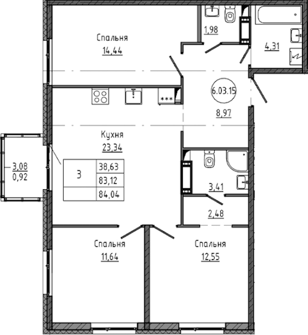 3-комнатная квартира 84.04 м², 6/18 эт., ЖК «Максималист»