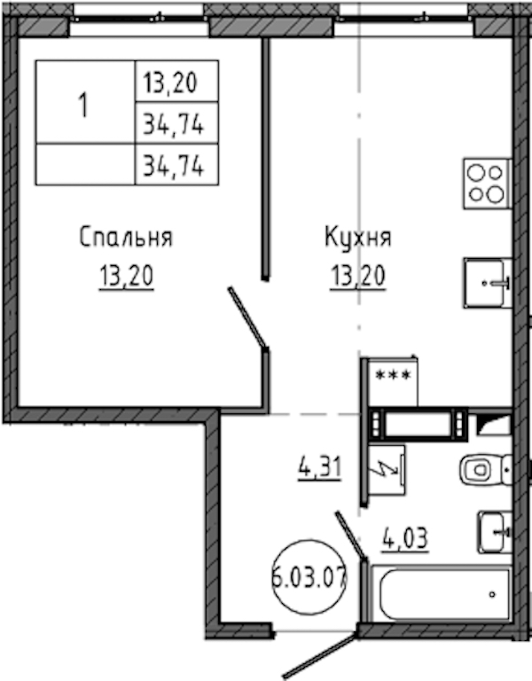 1-комнатная квартира 34.74 м², 7/18 эт., ЖК «Максималист»